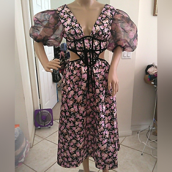 NWT FOR LOVE & LEMONS Chic Floral Midi Dress W/ Puff Slvs....
